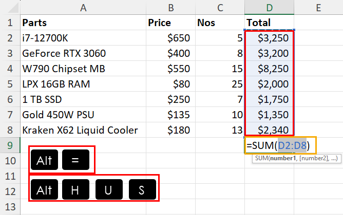 Using shortcuts for AutoSum
