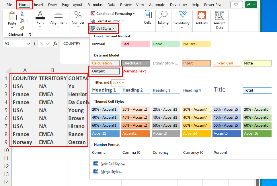 Applying Output style in Excel