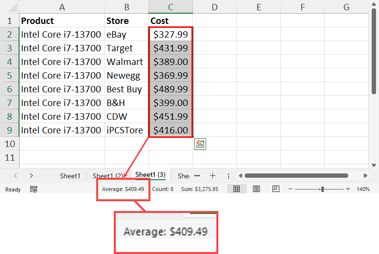 Average on Excel status bar