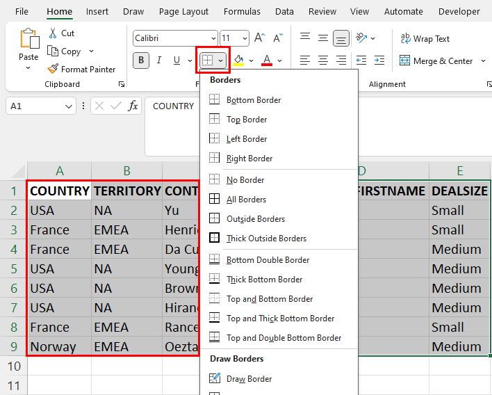Borders context menu in Excel