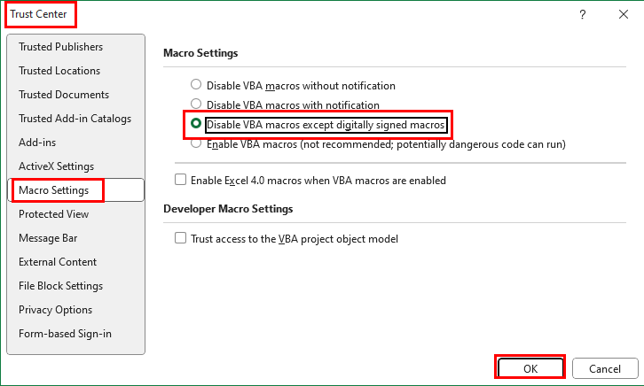 Changing macro trust settings