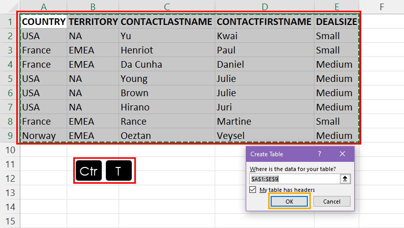 Create Table dialog on Excel