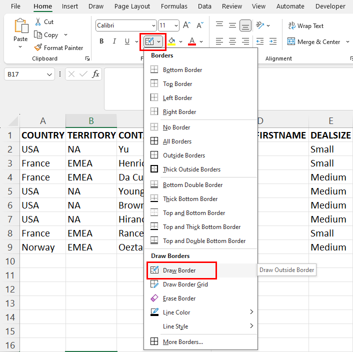 Draw Border in Excel