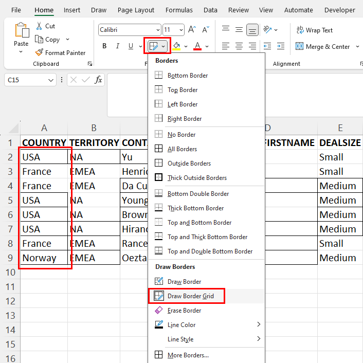 Draw border grid context menu