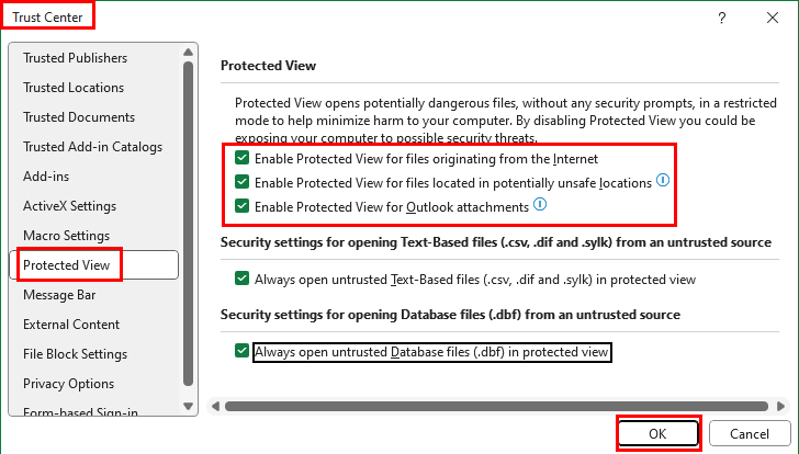 Enable protected view