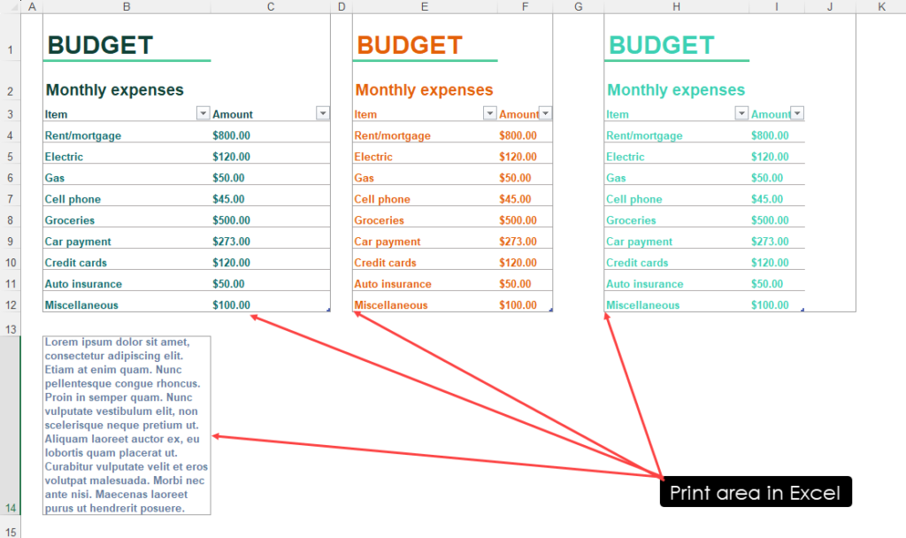 Example of print area in Excel