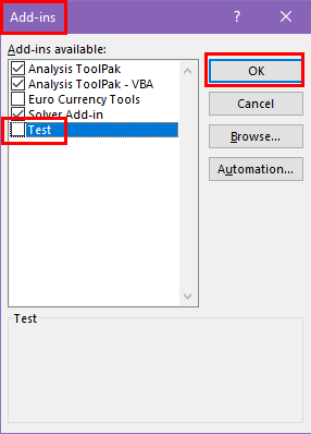 Excel add-ins dialog