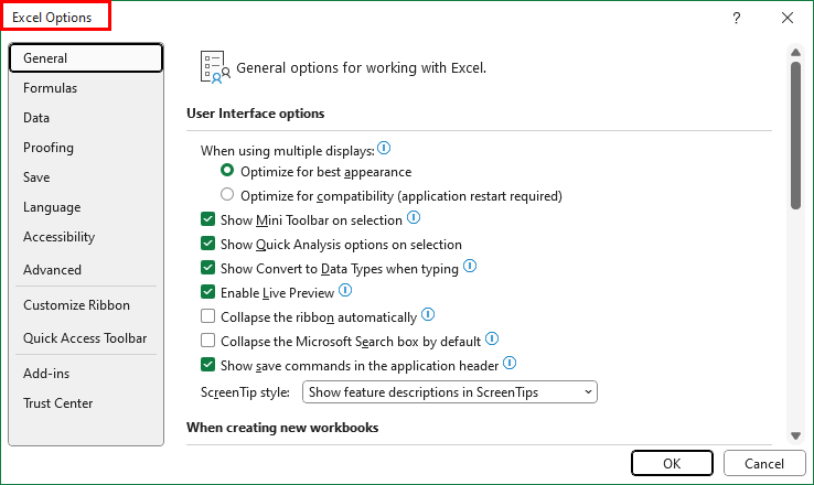 Excel options dialog