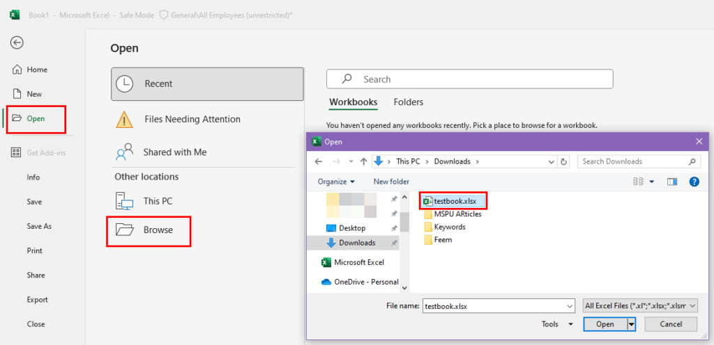 Opening a workbook in safe mode