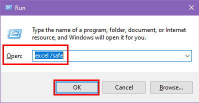 Run dialog to open Excel in safe mode