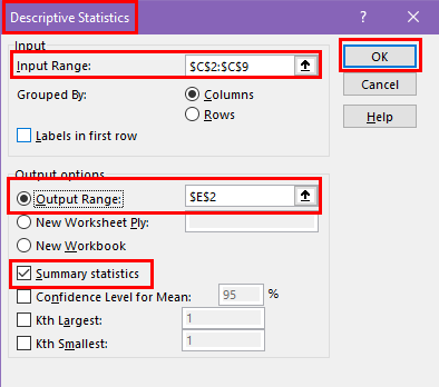 Setting up descriptive statistics