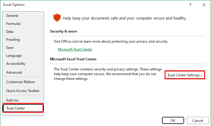 Trust center settings