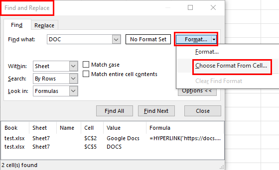 Choose format from cell