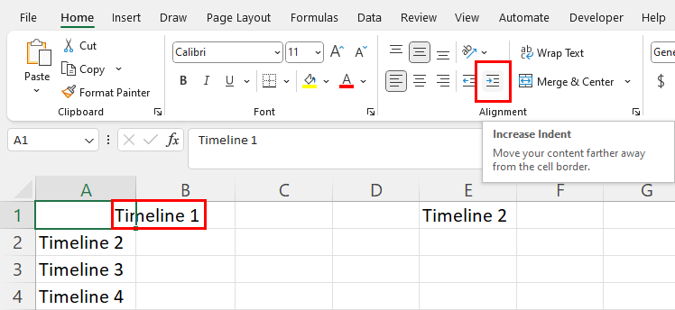 Increasing indent in Excel