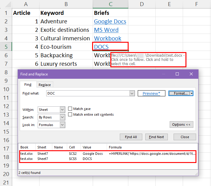 Located Word file link using Format search