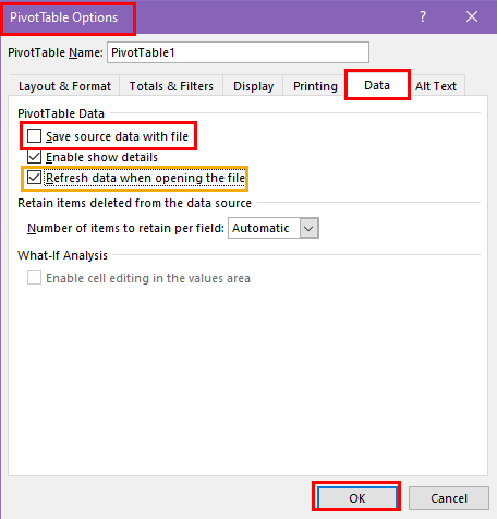 PivotTable Options modifications