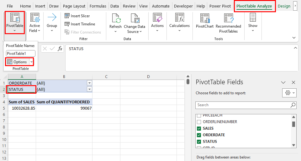 PivotTable Options