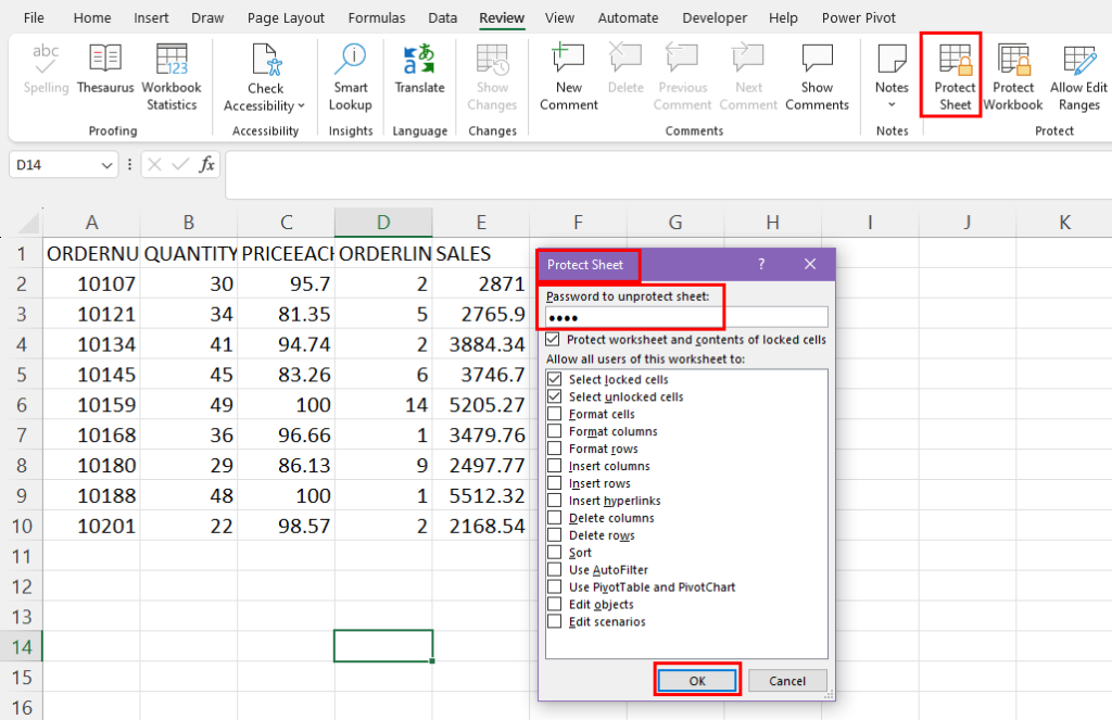 Protect sheet dialog