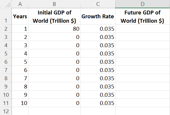 Sample dataset for exponential growth calculation