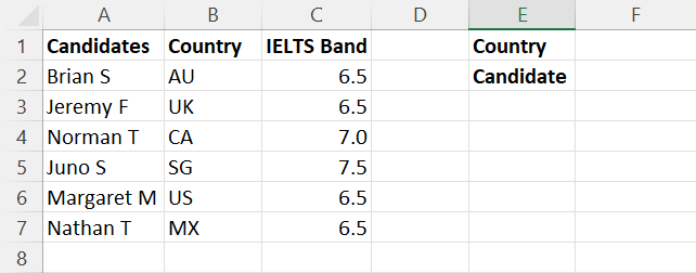 Sample dataset for simple INDEX MATCH