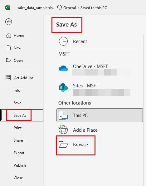 Save as menu