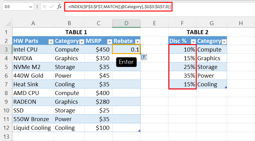 Use INDEX MATCH to get discount