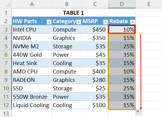Using fill handle to copy formula