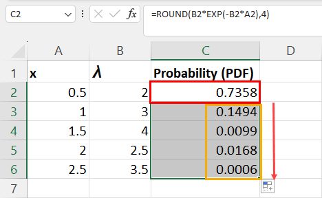 Using fill handle to copy formula