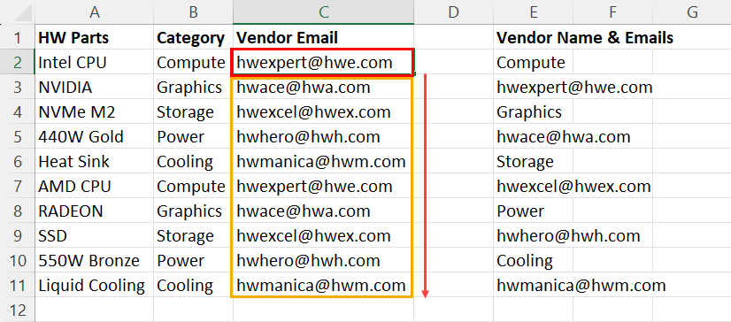 Using fill handle to fetch emails