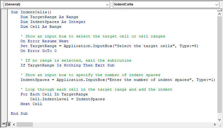 VBA script to do indenting in Excel