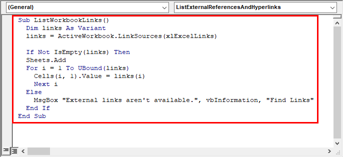 VBA script to list external workbook references