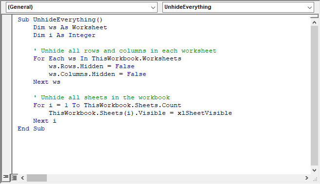 VBA script to unhide