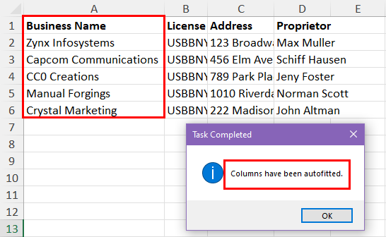 Autofit Excel Columns using VBA