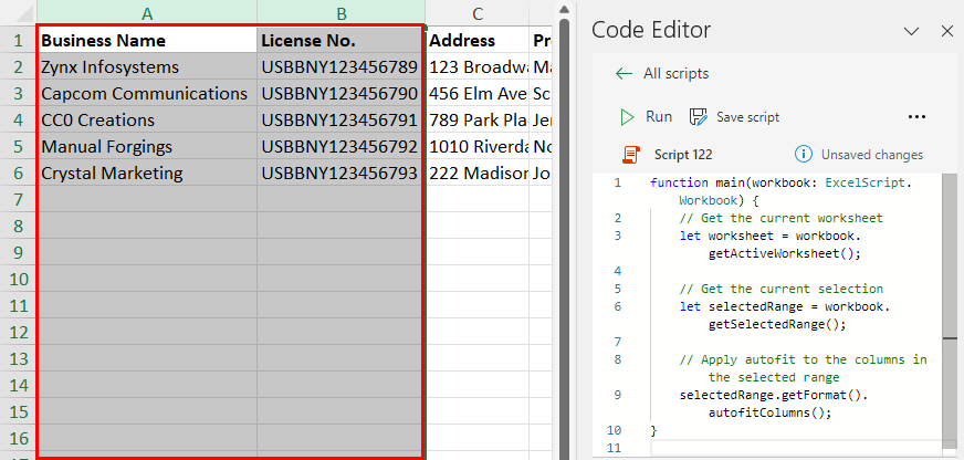 Autofit column using Office Scripts