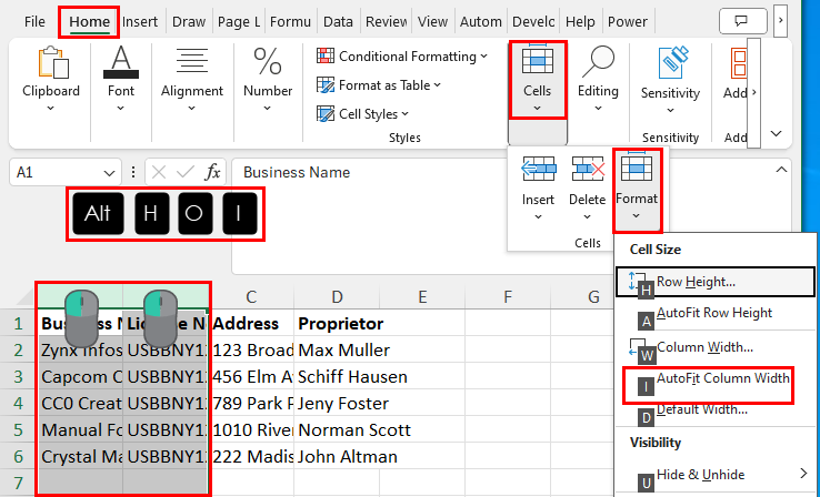 Autofit column width using shortcut