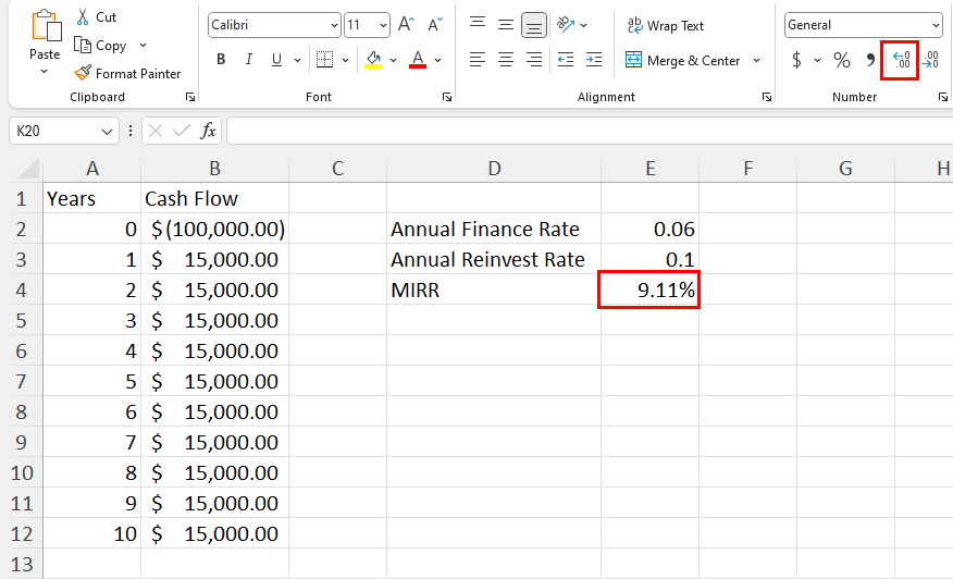 Calculate IRR using the MIRR function