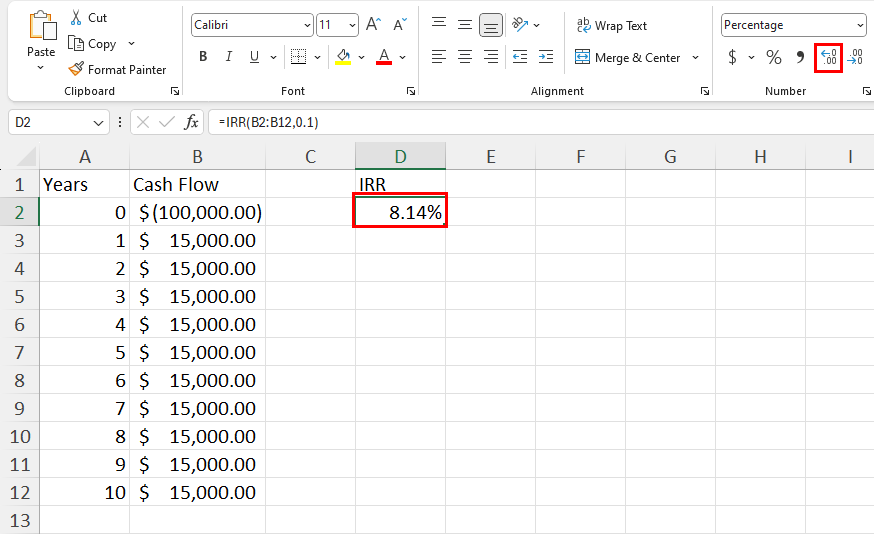 Calculate IRR using built-in function