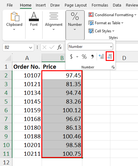 Click Decrease decimal multiple times