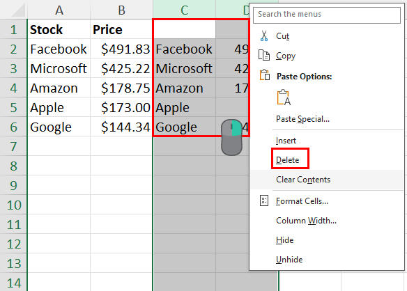 Delete columns
