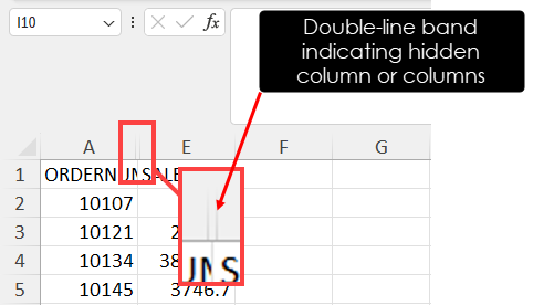 Double-line band for hidden columns