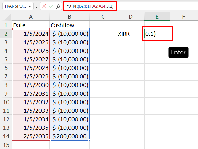 Enter XIRR formula