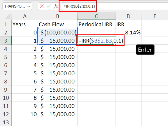 Enter individual IRR formula