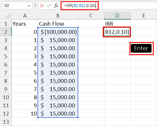 Entering IRR formula