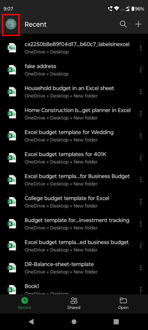 Excel Android backstage