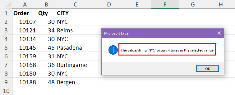 Excel dialog box for count of occurrences