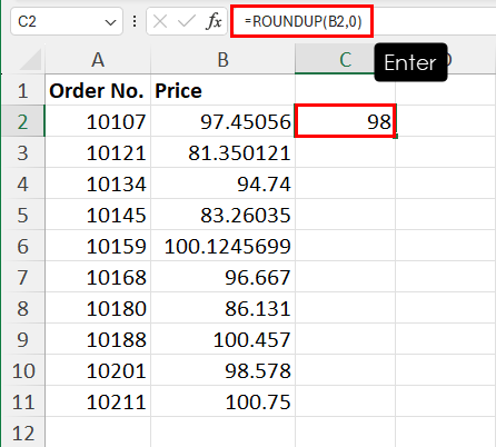 Excel round up to whole number