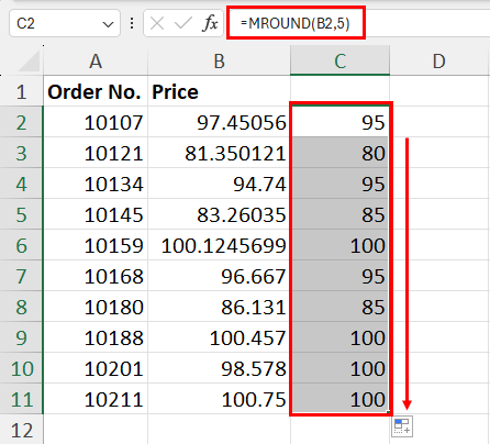 Excel round up using MROUND
