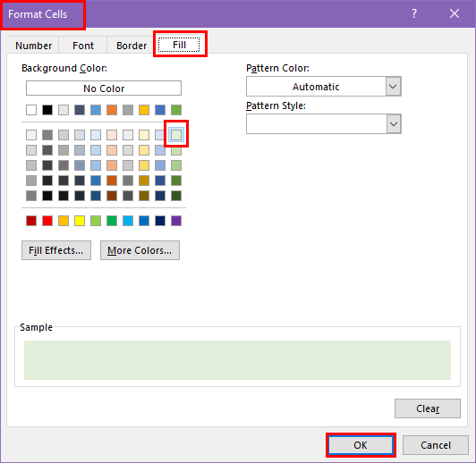 Format Cells fill color