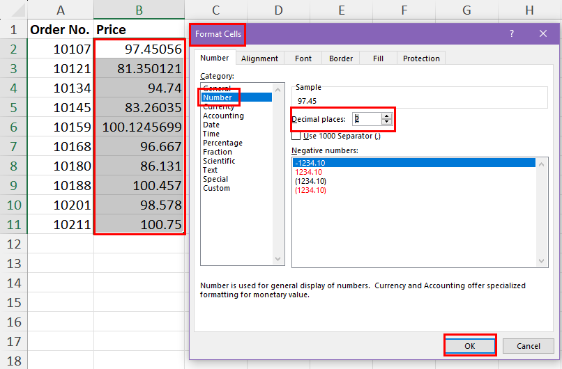 Format cells decimal places