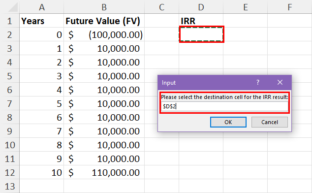 Input box for IRR destination